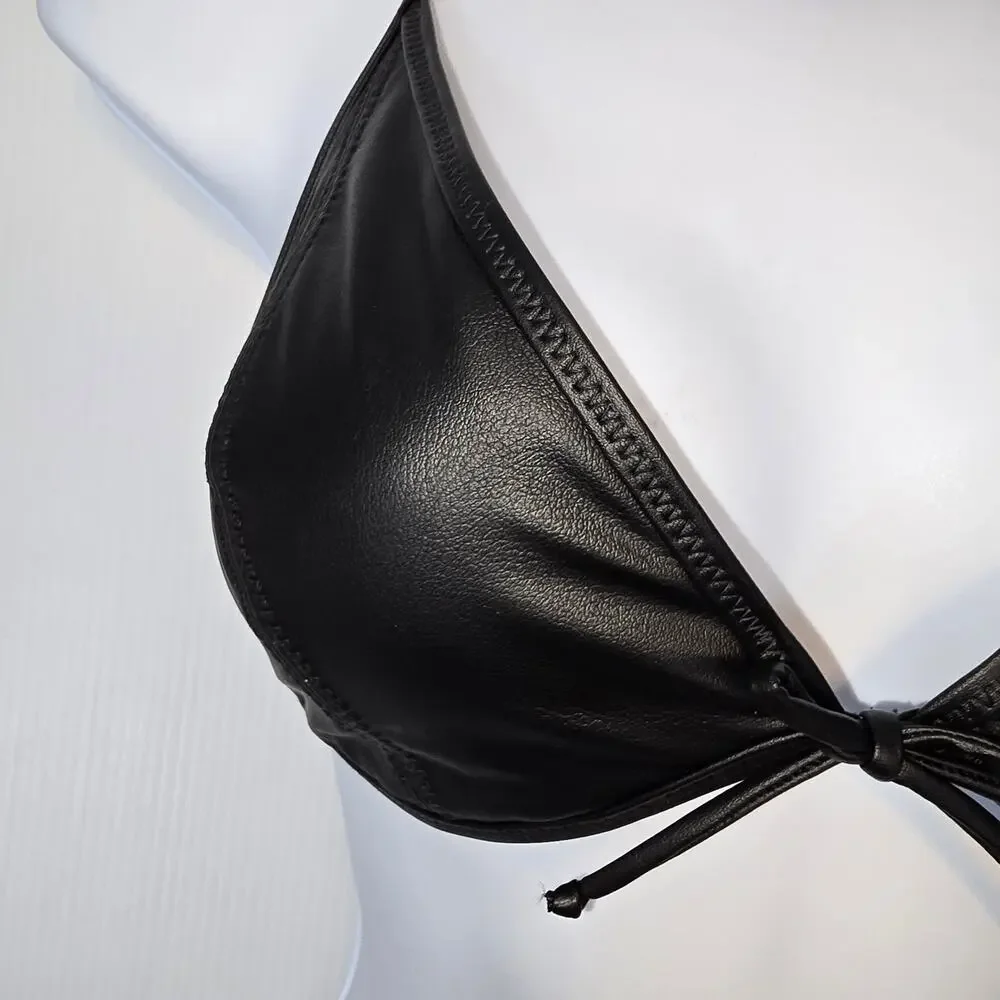 L'Agence Annabelle Faux Leather Bikini Top Black Triangle Tie Closure Small NEW
